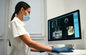 Radiologista operando sistema digital de radiografia - Cooperativa uninter dos profissionais técnicos de radiologia
